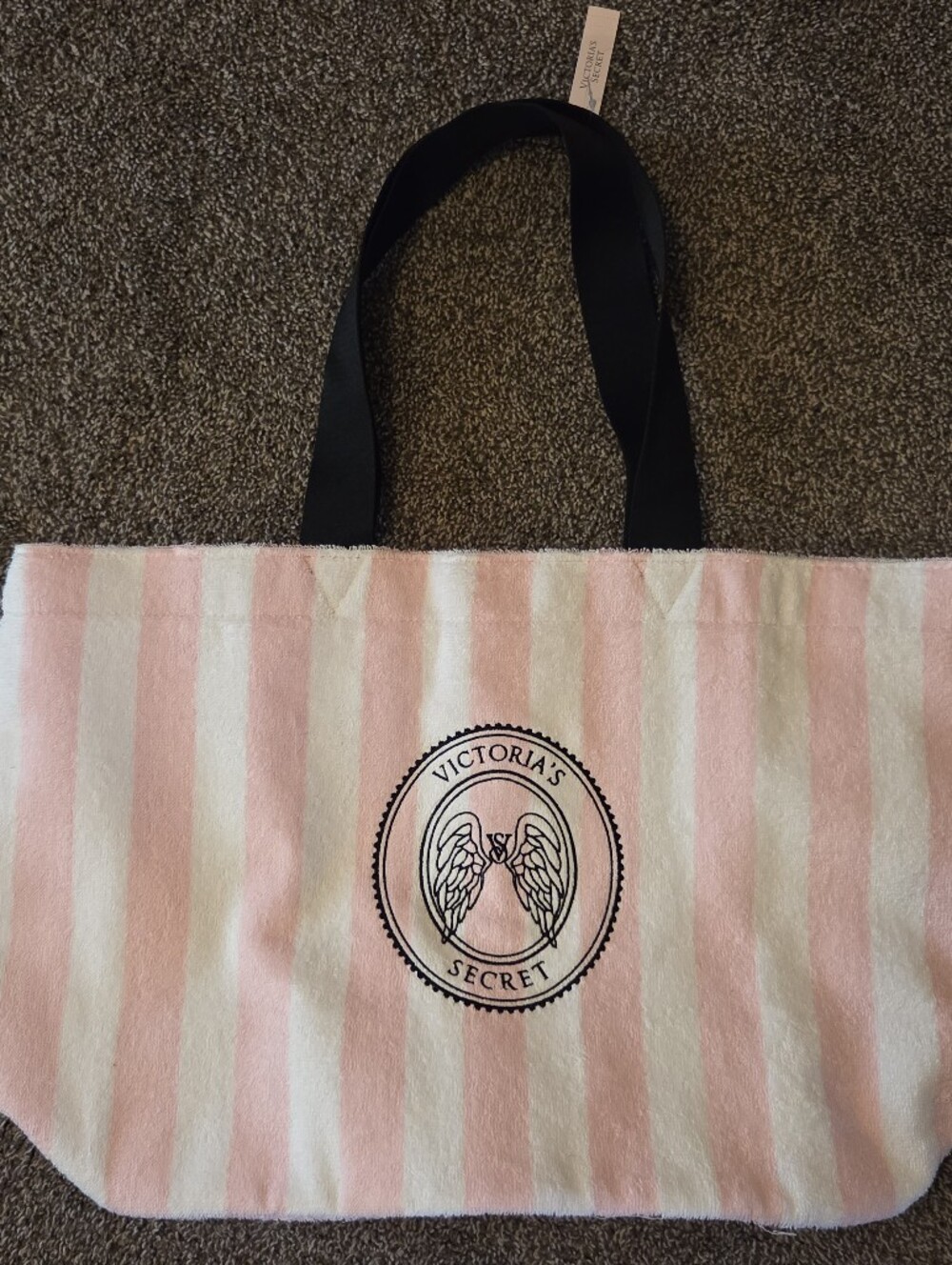 Victoria's Secret Pink and White Striped Tote Bag with Black Handles